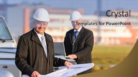  Presentation with building plans - Audience pleasing theme consisting of architect developers reviewing building plan backdrop and a light blue colored foreground