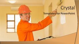 Presentation with contractor - Presentation design featuring building professionalism - young contractor painting wall inside background and a  colored foreground