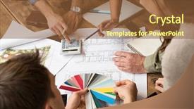  Presentation with team discussion - Colorful PPT theme enhanced with building project - architects team discussion on blueprints backdrop and a tawny brown colored foreground