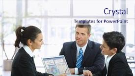  Presentation with meeting table - Presentation theme having building relationships - young businesspeople having a business background and a sky blue colored foreground