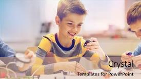  Presentation with education children technology science - Audience pleasing slide deck consisting of building robot at robotics school backdrop and a  colored foreground