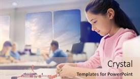  Presentation with education children technology science - PPT theme featuring building robot at robotics school background and a  colored foreground