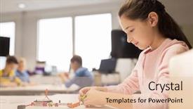  Presentation with education children technology science - Amazing PPT theme having building robot at robotics school backdrop and a lemonade colored foreground