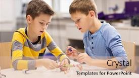  Presentation with education children technology science - Colorful slide deck enhanced with building robots at robotics school backdrop and a lemonade colored foreground