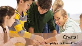  Presentation with education children technology science - Slide deck featuring building robots at robotics school background and a  colored foreground