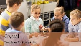  Presentation with education children technology science - Slide deck enhanced with building robots at robotics school background and a  colored foreground