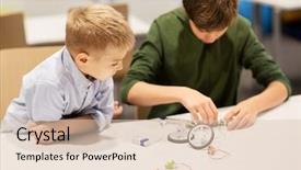  Presentation with education children technology science - PPT theme featuring building robots at robotics school background and a lemonade colored foreground