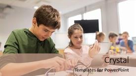  Presentation with education children technology science - PPT layouts with building robots at robotics school background and a coral colored foreground