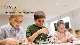  Presentation with education children technology science - Amazing presentation design having building robots at robotics school backdrop and a soft green colored foreground