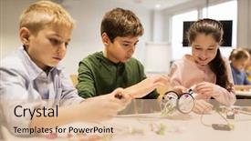  Presentation with education children technology science - Beautiful presentation theme featuring building robots at robotics school backdrop and a  colored foreground