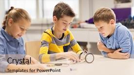  Presentation with education children technology science - Audience pleasing PPT theme consisting of building robots at robotics school backdrop and a lemonade colored foreground