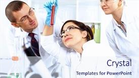  Presentation with tests - Colorful presentation enhanced with building science - scientist in uniform doing tests backdrop and a sky blue colored foreground