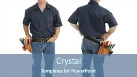  Presentation with safety construction worker in construction - PPT theme having building service - front and back views background and a ocean colored foreground