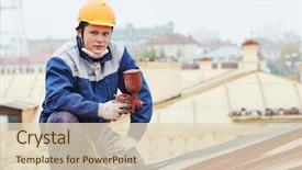  Presentation with sheet metal - PPT layouts enhanced with building service - roofer builder worker with pulverizer background and a lemonade colored foreground
