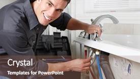  Presentation with kitchen sink splash - Beautiful PPT theme featuring building service - young plumber fixing a sink backdrop and a tawny brown colored foreground