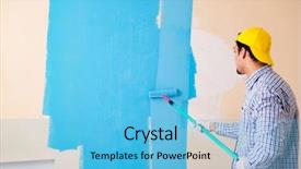  Presentation with painting walls paint roller - Audience pleasing PPT theme consisting of building service design - painter man painting the wall backdrop and a light blue colored foreground