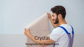  Presentation with working - Cool new PPT theme with building service design - worker working on wallpaper backdrop and a coral colored foreground