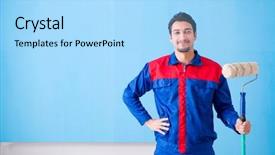  Presentation with eco friendly home renovation - Presentation theme enhanced with building service design - young painter doing renovation background and a  colored foreground