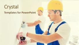  Presentation with measurement - Slides with building teamwork measurement and people concept - group of builders s in hardhats with measuring tape working indoors background and a cream colored foreground