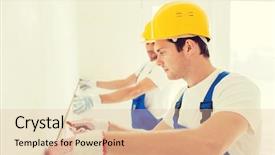  Presentation with measurement - Presentation theme featuring building teamwork measurement and people concept - group of builders s in hardhats with measuring tape working indoors background and a lemonade colored foreground