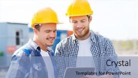  Presentation with business building blocks - Beautiful PPT theme featuring building teamwork technology and people backdrop and a light blue colored foreground