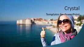  Presentation with dubrovnik - Slide deck featuring tourist woman against dubrovnik old background and a light blue colored foreground