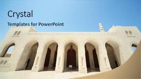  Presentation with oman - Amazing slide deck having building with arcs and big doors of building inside grand mosque in oman wide angle backdrop and a light blue colored foreground