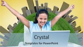  Presentation with green globe - Colorful slide deck enhanced with buildings and yellow background backdrop and a  colored foreground