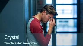  Presentation with stressed - Cool new PPT layouts with buildings failures - side view of stressed man backdrop and a ocean colored foreground