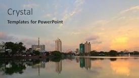  Presentation with city buildings - PPT theme featuring buildings in a city of colombo with reflection in a pond at sunset sri lanka background and a light gray colored foreground