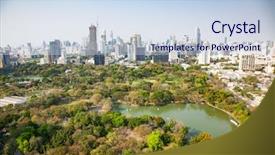  Presentation with city buildings - Slide set featuring buildings panorama downtown of bangkok background and a sky blue colored foreground