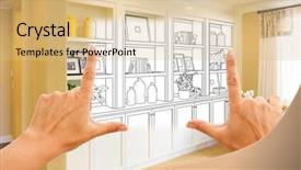  Presentation with custom - Presentation design with built-in shelves and cabinet background and a coral colored foreground