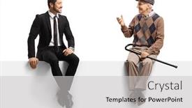  Presentation with 3d man sitting question mark - PPT theme consisting of buinessman-and-a-senior-man background and a light gray colored foreground