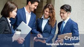  Presentation with double exposure of business people - Colorful presentation theme enhanced with buisness - business people discuss backdrop and a ocean colored foreground