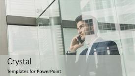  Presentation with talk - Presentation design enhanced with buisness - businessman talk to cellphone background and a light gray colored foreground