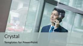  Presentation with talk - Amazing PPT layouts having buisness - businessman talk to mobile phone backdrop and a light gray colored foreground