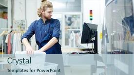  Presentation with factory machine - Presentation theme consisting of buisness - man working on printing machine background and a sky blue colored foreground