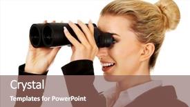  Presentation with binocular - Presentation design with buisness - young businesswoman with a binocular background and a violet colored foreground