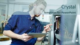  Presentation with machine operator - Slide set consisting of buisness - young operator examining printing machine background and a light blue colored foreground