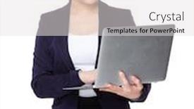  Presentation with computer - Slide set with buisnesswoman use of laptop computer background and a light gray colored foreground