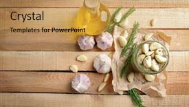  Presentation with old wooden table food - Slide set having bulb oil - garlic with spices on wooden background and a yellow colored foreground