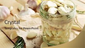  Presentation with old wooden table food - Audience pleasing slides consisting of bulb oil - garlic with spices on wooden backdrop and a coral colored foreground