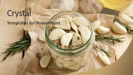  Presentation with dark vintage wood table texture - Cool new PPT layouts with bulb oil - garlic with spices on wooden backdrop and a coral colored foreground