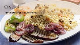  Presentation with eggplant - Slide set having bulgur pilaf with grilled eggplant pepper and onion background and a coral colored foreground
