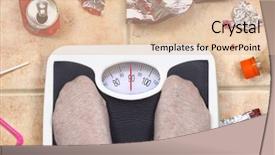 Presentation with junk food - Theme having bulimia - feet on bathroom scale background and a lemonade colored foreground