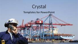  Presentation with bulk carrier container ship - Theme having bulk carrier - engineer in hard-hat overlooking large background and a light blue colored foreground