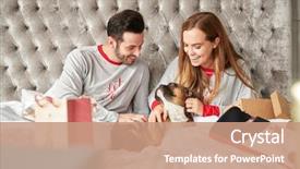  Presentation with pet grooming small dog - PPT layouts enhanced with bulldog - couple in bed at home background and a coral colored foreground