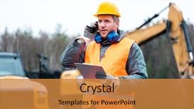  Presentation with worker - Presentation design consisting of bulldozer - portrait of a quarry worker background and a gold colored foreground