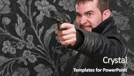  Presentation with charging gun man hands charging - Colorful PPT layouts enhanced with bullet points - angry man pointing with gun backdrop and a dark gray colored foreground