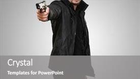  Presentation with charging gun man hands charging - Audience pleasing presentation theme consisting of bullet points - handsome man pointing with gun backdrop and a gray colored foreground